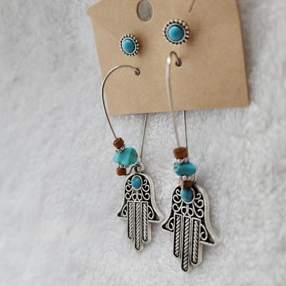 Beaded Silver Hamsa Hand Earrings - image 5